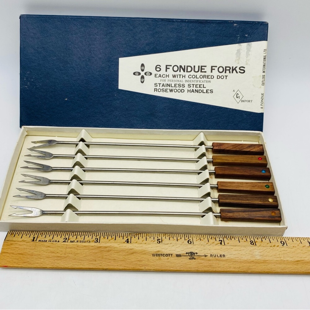 Vintage Cutler’s International Set Of 6 Stainless Steel Rosewood Fondue Forks